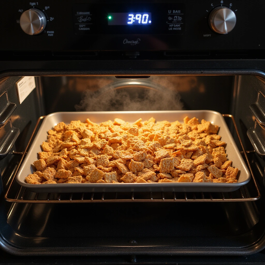 Chocolate Peanut Butter Chex Mix Recipes Crunchy Sweet Snack - Step 7: Bake the Mixture
