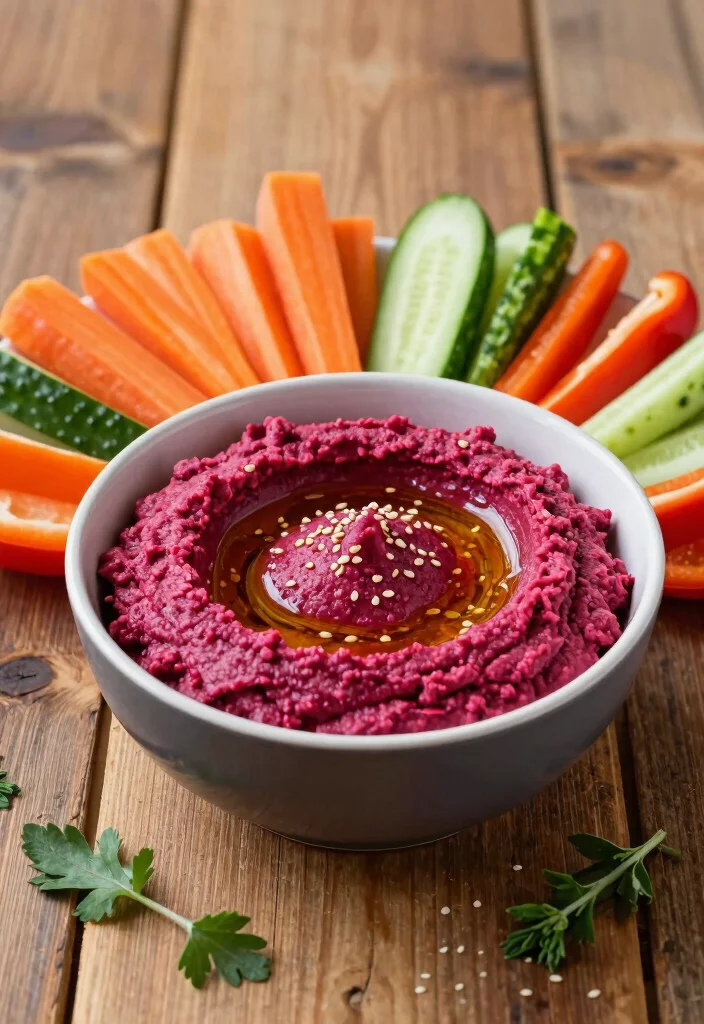 10 Dinner Party Starter Recipes That Impress Guests - 2. Beetroot Hummus with Veggie Sticks 1