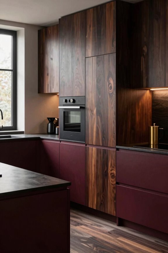 deep brown and burgundy moody cabinets