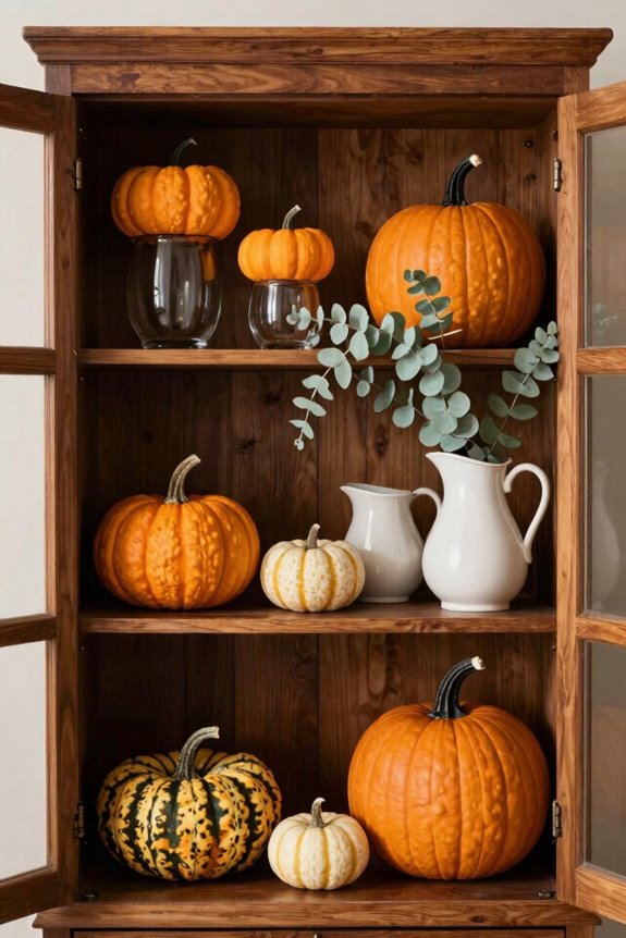 fall shelf display with pumpkins