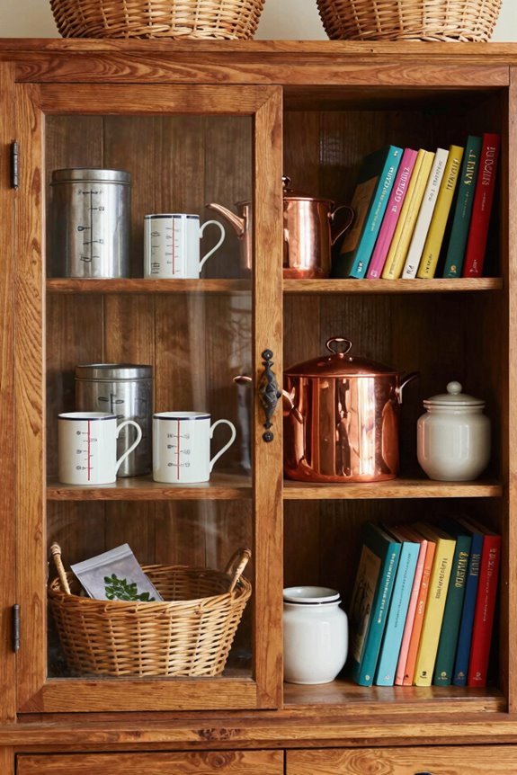 mix cookbooks with vintage collectibles on shelves