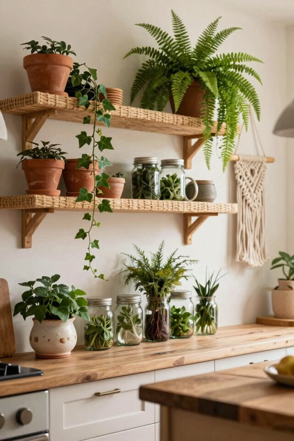 strategic greenery enhances boho kitchen