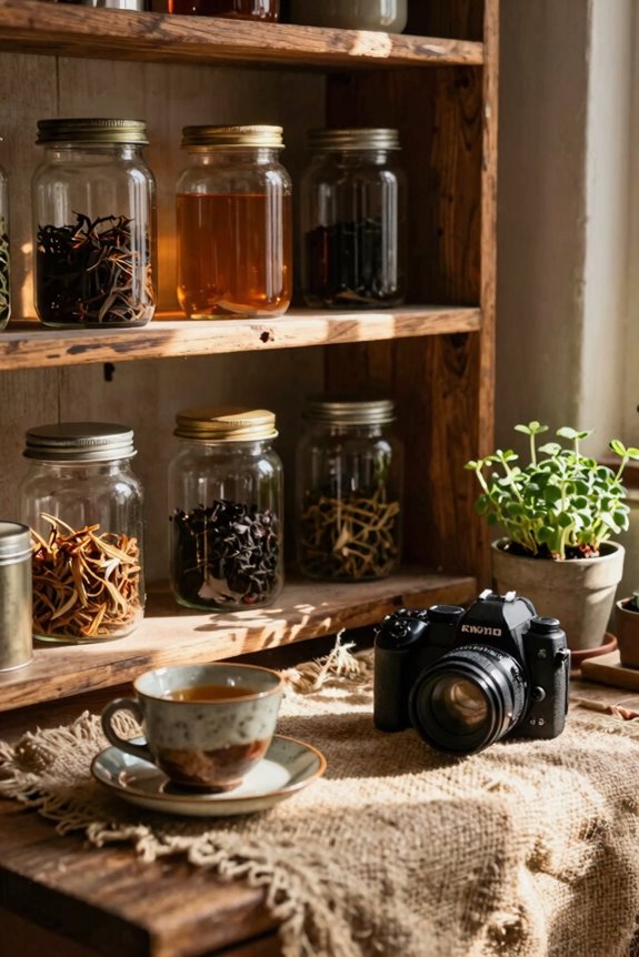warm wooden shelving vintage jars